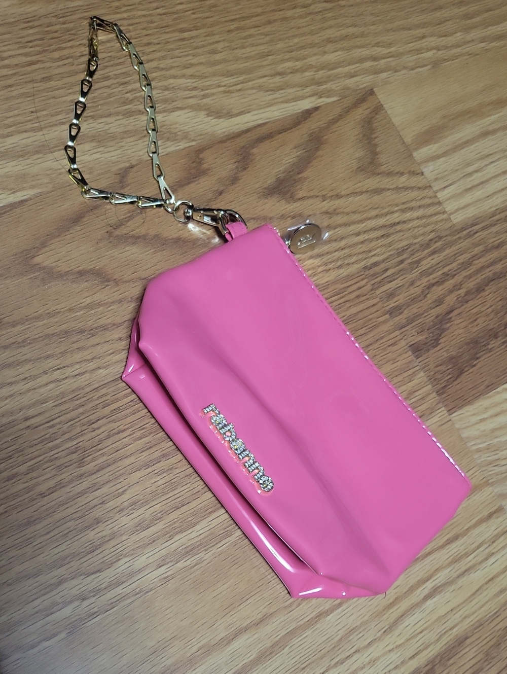 Glossy Pink Patent Wristlet Clutch with Gold Chain